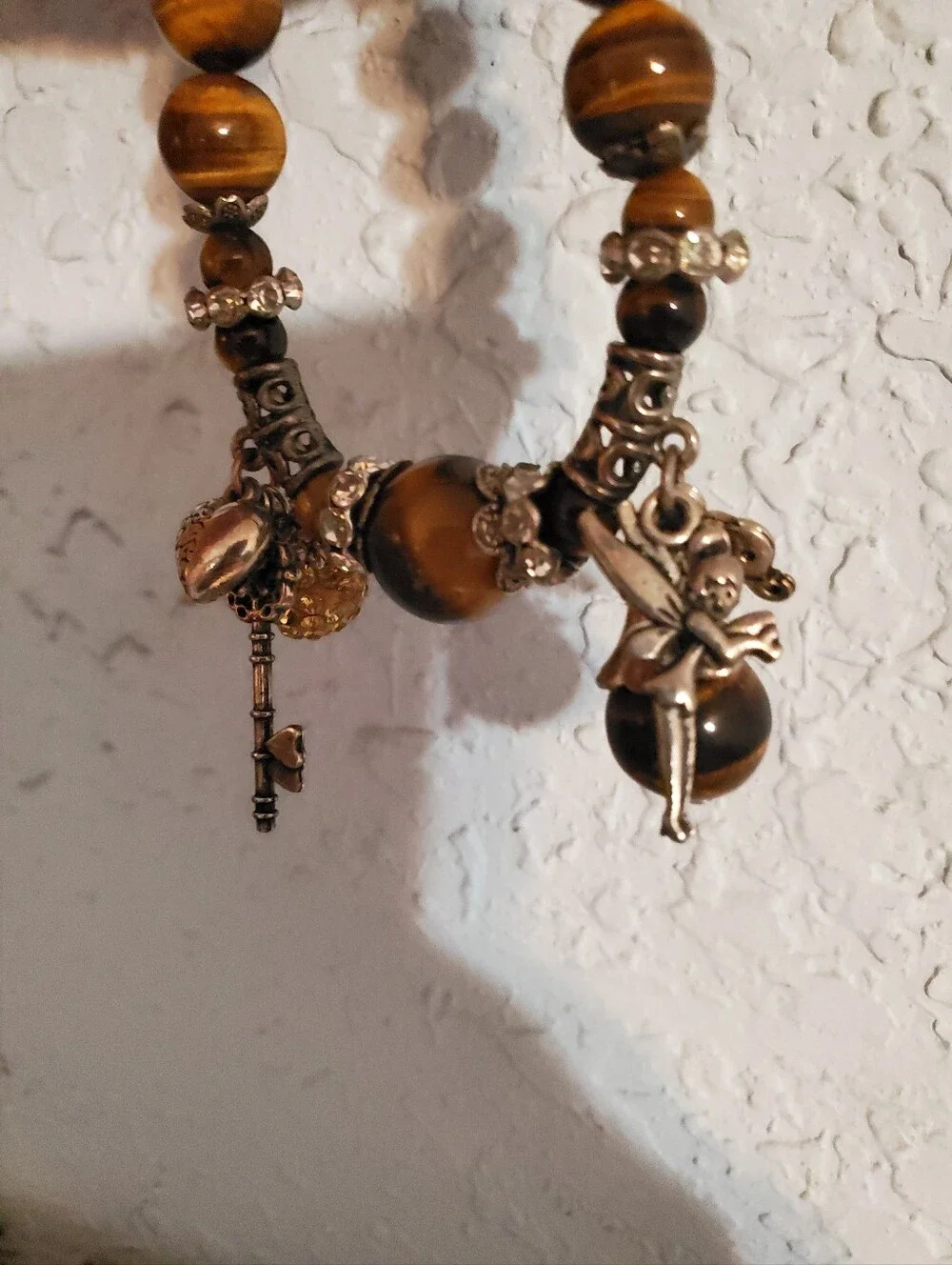 Womens Faux Tiger's Eye Stretchy Beaded Charm Bracelet‎ Brown & Gold